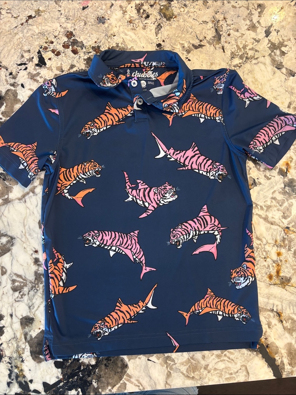 chubbies Navy polo  with Orange and Pink Tiger-Shark Print